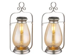 MeineWunschleuchte 2er Set LED Solarlaternen Silber Mit Bernsteinfarbigem Lampenschirm, H 36,5cm -Bestes Beleuchtungs Geschäft 2er set led solarlaternen silber mit bernsteinfarb 1