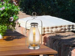 MeineWunschleuchte 2er Set LED Solarlaternen Silber Mit Bernsteinfarbigem Lampenschirm, H 36,5cm -Bestes Beleuchtungs Geschäft 2er set led solarlaternen silber mit bernsteinfarb 3