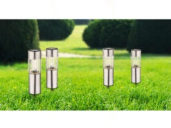 Globo 4 Stück LED Solarleuchten Mit Erdspieß, Höhe 25 Cm, Gartenlampen Edelstahl -Bestes Beleuchtungs Geschäft 4 stueck led solarleuchten mit erdspiess hoehe 25 1 2