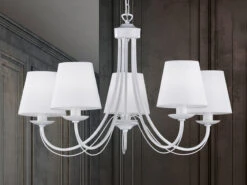 Trio Leuchten 5 Flammiger Kronleuchter CORTEZ Mit Stoffschirmen In Weiß Matt, Ø 70cm -Bestes Beleuchtungs Geschäft 5 flammiger kronleuchter cortez mit stoffschirmen 1 5