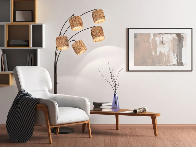 MeineWunschleuchte Bogenlampe 5flammig LED Dimmbar 190cm Groß, Metall Schwarz Lampenschirme Seegras 3 MeineWunschleuchte Bogenlampe 5flammig LED Dimmbar 190cm Groß, Metall Schwarz Lampenschirme Seegras