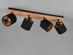 Reality Leuchten Deckenstrahler TOMMY 4 Flammig Holzsockel & Stoffschirme Schwarz Gold -Bestes Beleuchtungs Geschäft deckenstrahler tommy 4 flammig holzsockel stoffsch 4