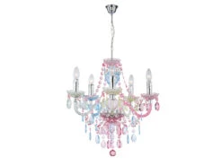 Globo Deko Kronleuchter NEVADA Mit Fünf E14 Kerzenhülsen Und Bunten Acrylkristallen
