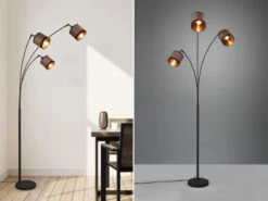 MeineWunschleuchte Große LED Stehleuchte 3-flammig Mit Stoffschirmen In Taupe/Gold, Höhe 185cm