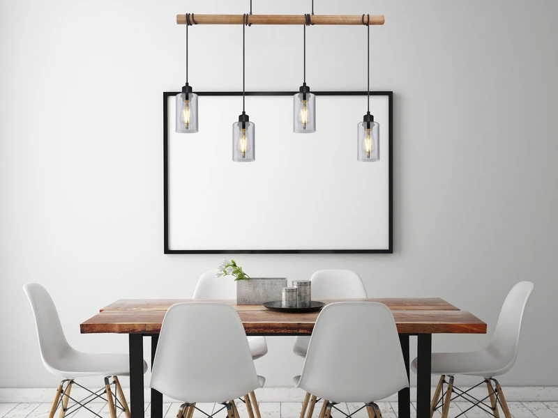 Globo Holzbalken Pendelleuchte HADERA Mit 4 Rauchglas Lampenschirmen 7 Globo Holzbalken Pendelleuchte HADERA Mit 4 Rauchglas Lampenschirmen – Bild 5