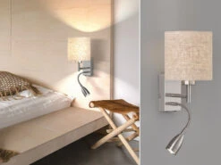 MeineWunschleuchte Kleine LED Wandleuchte Silber Mit Stoffschirm Beige Rund & Leselampe