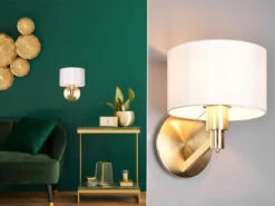 Trio Leuchten Kleine Wandleuchte CASSIO Messing Matt Mit Schalter & Stoffschirm Weiß