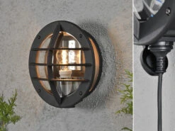 MeineWunschleuchte LED Außenwandleuchte Mit Steckdose, Alu Schwarz & Klarglas, Ø 31cm