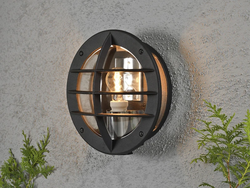 MeineWunschleuchte LED Außenwandleuchte Mit Steckdose, Alu Schwarz & Klarglas, Ø 31cm 8 MeineWunschleuchte LED Außenwandleuchte Mit Steckdose, Alu Schwarz & Klarglas, Ø 31cm – Bild 6