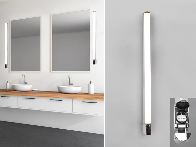 Trio Leuchten LED Bad Wandleuchte PIERA Mit Steckdose Chrom 119cm - Spiegelleuchte 3 Trio Leuchten LED Bad Wandleuchte PIERA Mit Steckdose Chrom 119cm - Spiegelleuchte