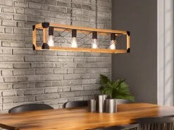 MeineWunschleuchte LED Balken Pendelleuchte 4 Flammig Schwarz Mit Holzbalken Breite 100cm