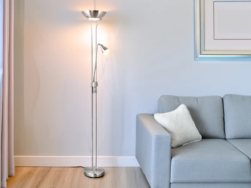 MeineWunschleuchte LED Deckenfluter Mit Leselampe In Silber Matt, Höhe 181,5cm 3 MeineWunschleuchte LED Deckenfluter Mit Leselampe In Silber Matt, Höhe 181,5cm