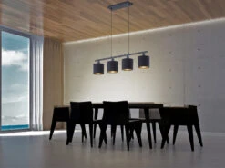 MeineWunschleuchte LED Pendelleuchte 4 Flammig Schwarz, Stofflampenschirme Schwarz/Gold