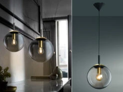 MeineWunschleuchte LED Pendelleuchte Einflammig Rauchglas Schwarz Mit Messing - Kugel Ø 25cm