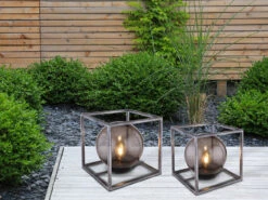 MeineWunschleuchte LED Solar Bodenleuchten, Würfel Mit Leuchtkugel Rauchfarbig Ø 20cm/25cm