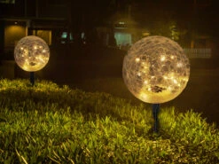 MeineWunschleuchte LED Solarkugeln 2er SET - Glas Leuchtkugeln Ø 15cm Mit Erdspieß, Bruchoptik