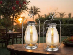 Globo LED Solarlaterne In Silber Mit Glas Lampenschirm Bernsteinfarbig, H 36,5cm -Bestes Beleuchtungs Geschäft led solarlaterne in silber mit glas lampenschirm b 3