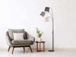 MeineWunschleuchte LED Stehlampe Mehrflammig Schwarz 3 Lampenschirme Leinen - 186cm Groß