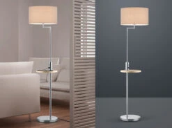 MeineWunschleuchte LED Stehleuchte In Silber Matt Mit Stoffschirm, Ablagetisch & USB Anschluss