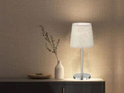 FHL Easy LED Tischlampe Silber Mit Lampenschirm Leinen Beige, 30cm Klein