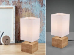 MeineWunschleuchte LED Tischleuchte Holzfuß Mit Stoffschirm In Weiß 12x12cm Höhe 30cm