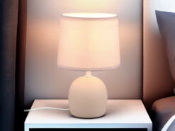 MeineWunschleuchte LED Tischleuchte Keramikfuß & Stoffschirm Beige, Ø16cm Höhe 26cm