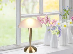 MeineWunschleuchte LED Tischleuchte Messing Glasschirm Weiß Satiniert - Touch Dimmbar, H32cm