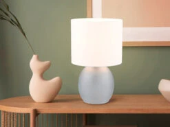 MeineWunschleuchte LED Tischleuchte Mit Glasfuß Grau Und Stoffschirm Weiß, Höhe 29cm -Bestes Beleuchtungs Geschäft led tischleuchte mit glasfuss grau und stoffschirm 4