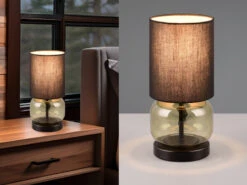 MeineWunschleuchte LED Tischleuchte Mit Glasfuß Grün Und Stoffschirm Schwarz, Höhe 28cm