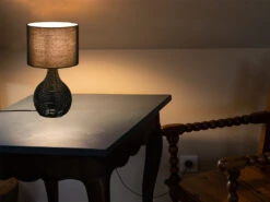 MeineWunschleuchte LED Tischleuchte Rattan Geflecht Stoffschirm Schwarz Im Boho Stil Ø 22cm -Bestes Beleuchtungs Geschäft led tischleuchte rattan geflecht stoffschirm schwa 2