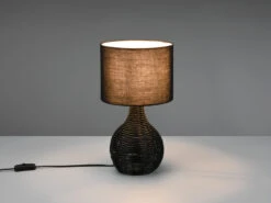 MeineWunschleuchte LED Tischleuchte Rattan Geflecht Stoffschirm Schwarz Im Boho Stil Ø 22cm