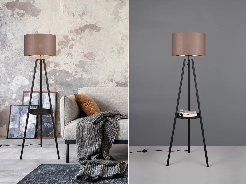 MeineWunschleuchte LED Tripod Stehleuchte Mit Stoffschirm In Taupe/Gold & Ablagetisch, H 152cm 3 MeineWunschleuchte LED Tripod Stehleuchte Mit Stoffschirm In Taupe/Gold & Ablagetisch, H 152cm