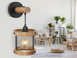 MeineWunschleuchte LED Wandleuchte Mit Holz 1-flammig, Gitter Schwarz Ø16cm