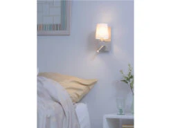 Trio Leuchten LED Wandleuchte Silber Mit Schwenkbarem Leselicht & Stoffschirm Rund Weiß -Bestes Beleuchtungs Geschäft led wandleuchte silber mit schwenkbarem leselicht 1 4