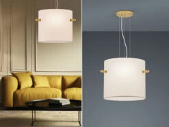 Trio Leuchten Pendelleuchte CAMDEN Messing Matt Mit Stoff Lampenschirm Weiß Ø 65cm