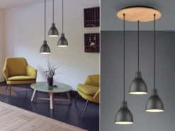 Trio Leuchten Pendelleuchte HENLEY 3 Flammig Schwarz Matt Mit Holz Ø 40cm Industrial Style