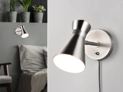 Reality Leuchten Retro Wandstrahler ENZO Mit Stecker Und Schalter Aus Metall Silber, Höhe 16cm