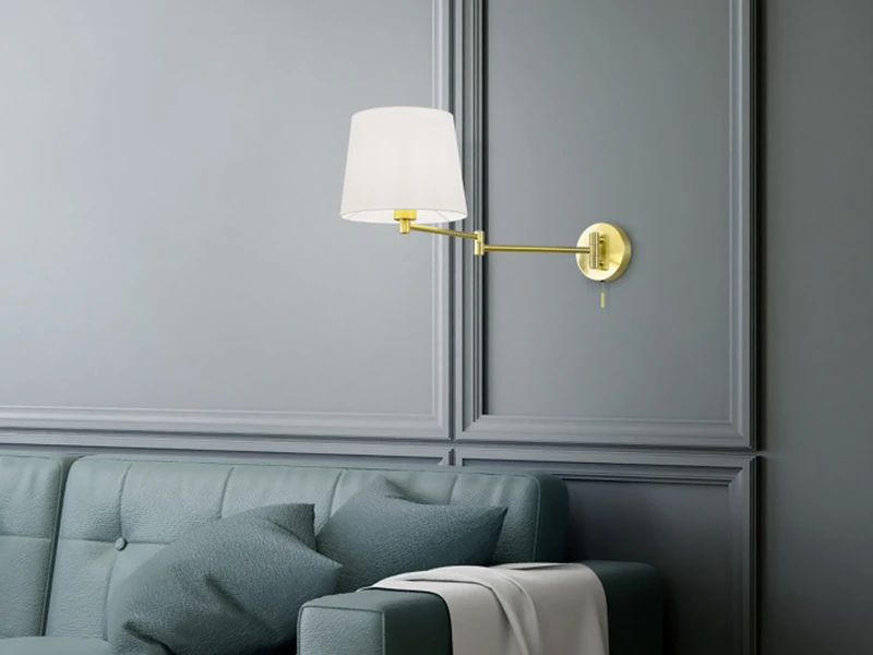 Trio Leuchten Schwenkbare Wandleuchte LYON Mit Gelenkarm Messing & Stoffschirm Weiß 6 Trio Leuchten Schwenkbare Wandleuchte LYON Mit Gelenkarm Messing & Stoffschirm Weiß – Bild 4