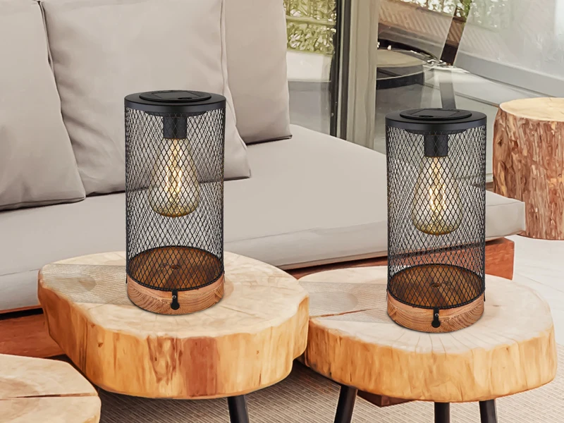 MeineWunschleuchte Solar Tischleuchten 2er SET Drahtgeflecht Schwarz Mit Holzsockel, Höhe 25,5cm 3 MeineWunschleuchte Solar Tischleuchten 2er SET Drahtgeflecht Schwarz Mit Holzsockel, Höhe 25,5cm