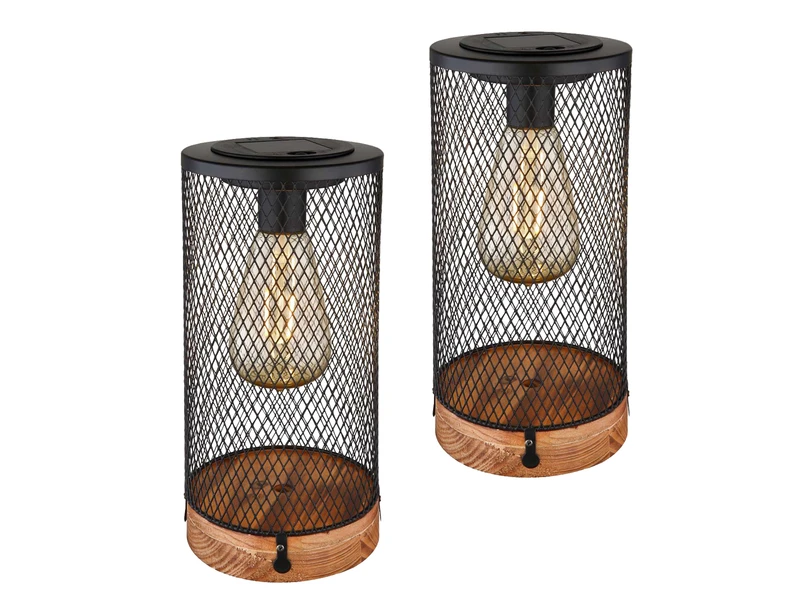 MeineWunschleuchte Solar Tischleuchten 2er SET Drahtgeflecht Schwarz Mit Holzsockel, Höhe 25,5cm 4 MeineWunschleuchte Solar Tischleuchten 2er SET Drahtgeflecht Schwarz Mit Holzsockel, Höhe 25,5cm – Bild 2