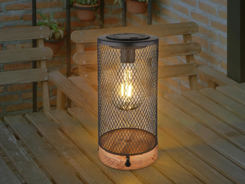 MeineWunschleuchte Solar Tischleuchten 2er SET Drahtgeflecht Schwarz Mit Holzsockel, Höhe 25,5cm 8 MeineWunschleuchte Solar Tischleuchten 2er SET Drahtgeflecht Schwarz Mit Holzsockel, Höhe 25,5cm – Bild 6