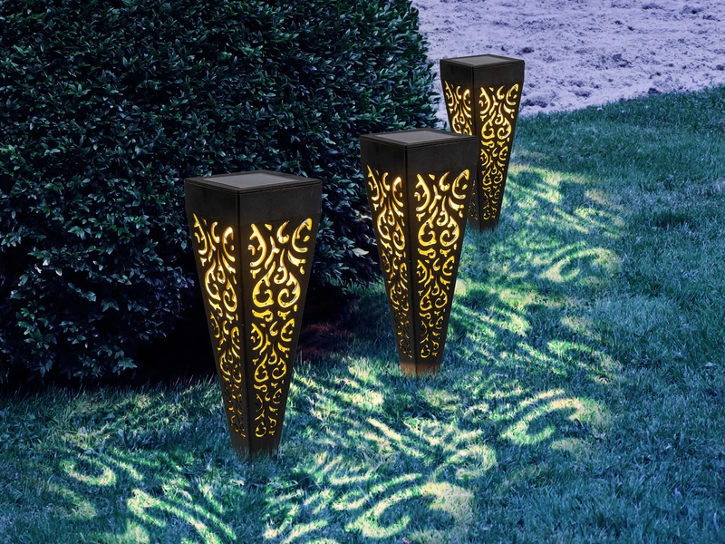 Globo Solar Wegeleuchten 3er Set Mit Erdspieß, Dekostanzungen Schwarz Gold, H.33cm 8 Globo Solar Wegeleuchten 3er Set Mit Erdspieß, Dekostanzungen Schwarz Gold, H.33cm – Bild 6