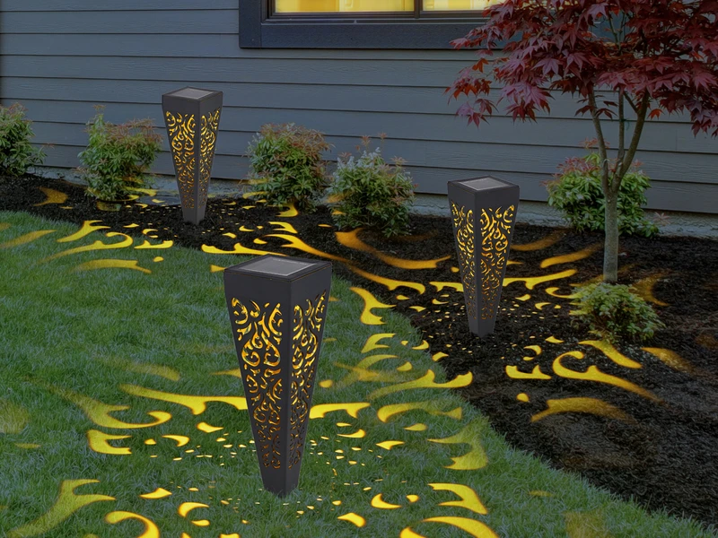 Globo Solar Wegeleuchten 3er Set Mit Erdspieß, Dekostanzungen Schwarz Gold, H.33cm 3 Globo Solar Wegeleuchten 3er Set Mit Erdspieß, Dekostanzungen Schwarz Gold, H.33cm