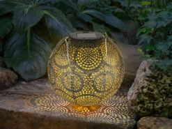 Globo Solarlaterne Hängend Oder Stehend Mit Dekorstanzungen, Metall Gold Antik Ø18,5cm