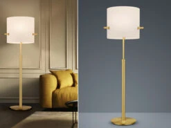 Trio Leuchten Stehlampe CAMDEN Messing Stoffschirm Weiß Höhenverstellbar 145-187cm