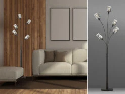 Fischer & Honsel Stehlampe ISKA 5flammig Schwarz Mit Rauchglas - Höhe 171,5cm