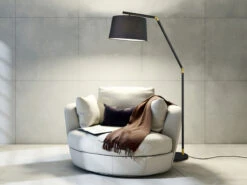 Trio Leuchten Stylishe Stehlampe TRACY In Schwarz Gold Mit Großem Stoffschirm