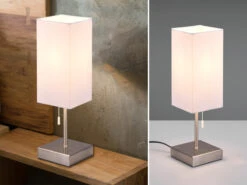 Reality Leuchten Tischleuchte OLE Silber & Stoffschirm Weiß Mit USB-Ladestationen Höhe 35cm