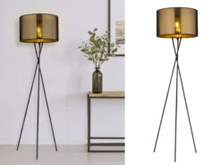 Globo Tripod Stehlampe NUGGY Mit Lampenschirm Gold Und Netz Schwarz, Höhe 159cm