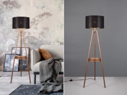 Reality Leuchten Tripod Stehleuchte COLETTE Mit Stoffschirm In Schwarz/Gold & Ablagetisch H 152cm